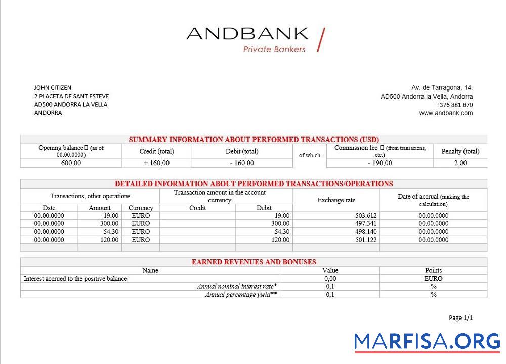 Blank Andorra Andbank bank statement example